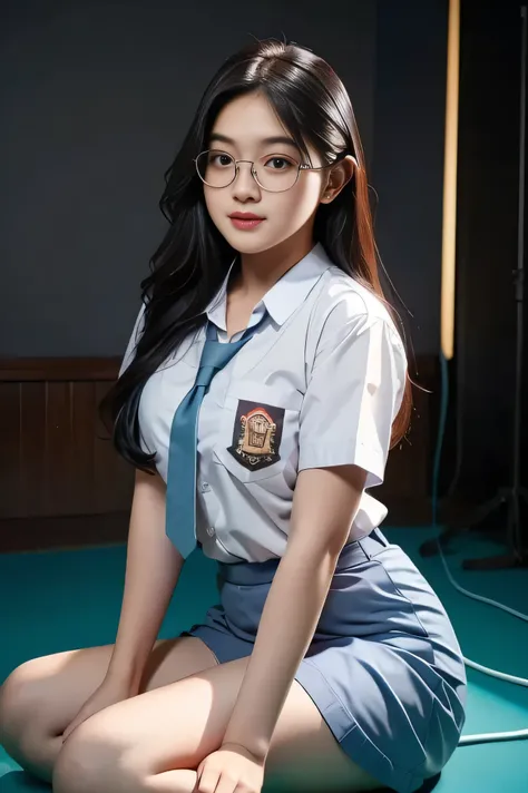 1girl, solo, 19 years old, (uniform), at the dance club, sittung down, semi-thick breasts, smooth realistic skin, angry face, white shirt, short grey blue skirt, photorealistic, 8K, ultra-detailed, hyper-realistic, physically-based rendering, chiaroscuro l...