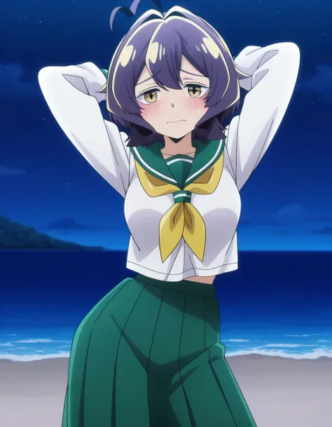 EBBaiser, medium breasts, purple hair, ahoge, bangs, short hair, yellow eyes,
white shirt, green sailor collar, green pleated long skirt, long sleeves, yellow neckerchief, school uniform, serafuku, anime screencap, shiny skin, solo, night sky, beach, hand...
