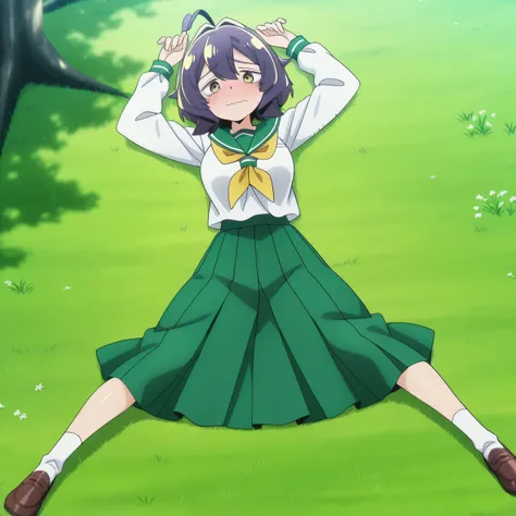 EBBaiser, medium breasts, purple hair, ahoge, bangs, short hair, yellow eyes,
white shirt, green sailor collar, green pleated long skirt, long sleeves, yellow neckerchief, school uniform, serafuku, anime screencap, shiny skin, high quality, solo, lying, o...