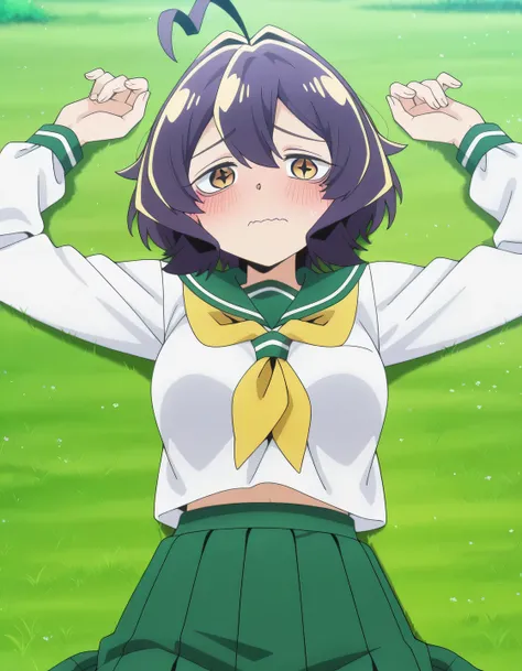 EBBaiser, medium breasts, purple hair, ahoge, bangs, short hair, yellow eyes,
white shirt, green sailor collar, green pleated long skirt, long sleeves, yellow neckerchief, school uniform, serafuku, anime screencap, shiny skin, high quality, solo, lying, o...