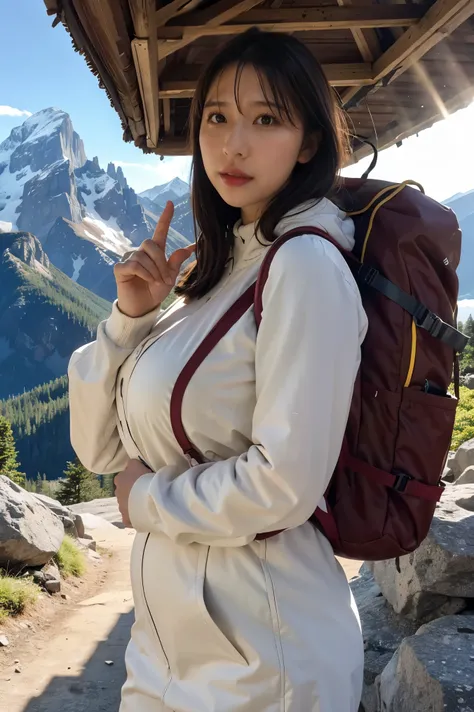 masterpiece,Highest Quality,Ultra High Definition, ONE WOMAN,huge breasts,sexy,I'm wearing a cute winter mountain climbing suit,Sunlight shining into a mountain path,large mountaineering rucksack,