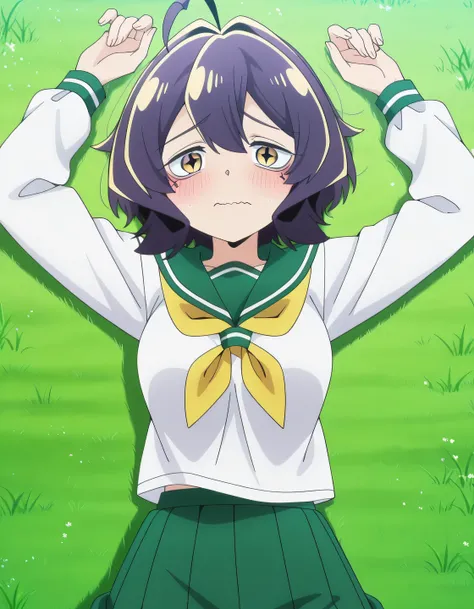 EBBaiser, medium breasts, purple hair, ahoge, bangs, short hair, yellow eyes,
white shirt, green sailor collar, green pleated long skirt, long sleeves, yellow neckerchief, school uniform, serafuku, anime screencap, shiny skin, high quality, solo, lying, o...