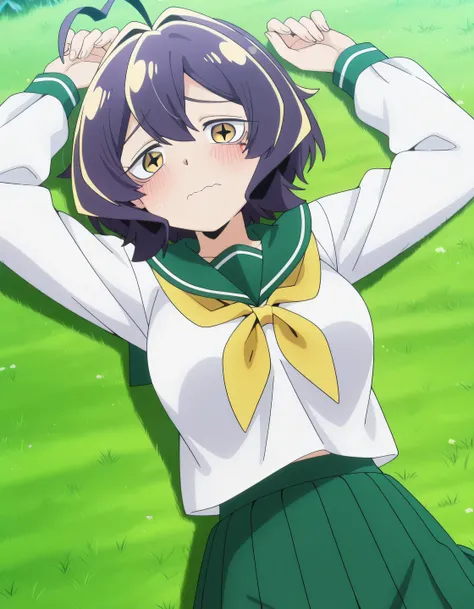 EBBaiser, medium breasts, purple hair, ahoge, bangs, short hair, yellow eyes,
white shirt, green sailor collar, green pleated long skirt, long sleeves, yellow neckerchief, school uniform, serafuku, anime screencap, shiny skin, high quality, solo, lying, o...