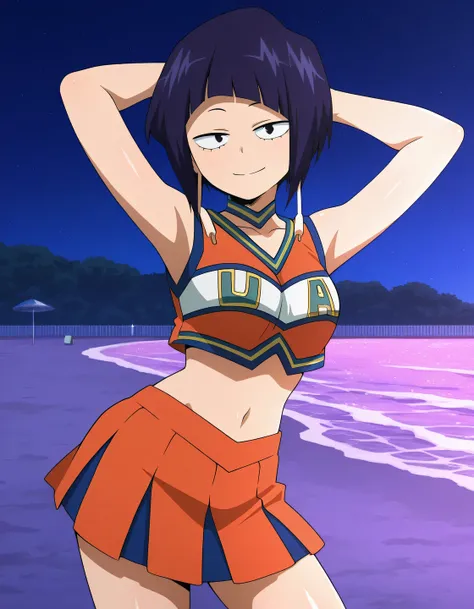 illujiro, short hair, bangs, long earlobes, purple hair, black hair, black eyes,
u.a. cheerleader uniform, orange crop top, orange pleated skirt, orange choker, midriff, anime screencap, shiny skin, high quality, solo, night sky, beach, arms behind head, (...