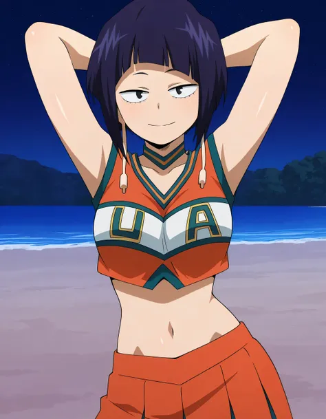 illujiro, short hair, bangs, long earlobes, purple hair, black hair, black eyes,
u.a. cheerleader uniform, orange crop top, orange pleated skirt, orange choker, midriff, anime screencap, shiny skin, high quality, solo, night sky, beach, arms behind head, (...