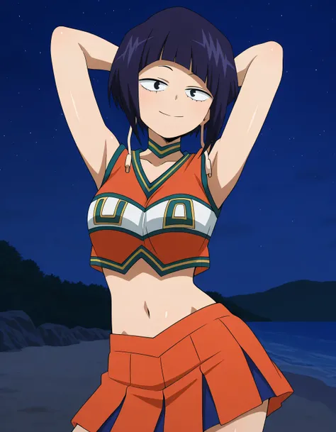 illujiro, short hair, bangs, long earlobes, purple hair, black hair, black eyes,
u.a. cheerleader uniform, orange crop top, orange pleated skirt, orange choker, midriff, anime screencap, shiny skin, high quality, solo, night sky, beach, arms behind head, (...
