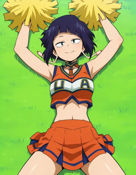 illujiro, short hair, bangs, long earlobes, purple hair, black hair, black eyes,
u.a. cheerleader uniform, orange crop top, orange pleated skirt, orange choker, midriff, anime screencap, shiny skin, high quality, solo, lying, on back, arms up, legs apart, ...