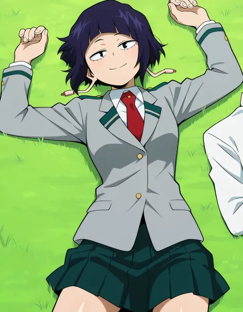 illujiro, short hair, bangs, long earlobes, purple hair, black hair, black eyes, u.a. school uniform, red necktie, jacket, pleated skirt, anime screencap, shiny skin, high quality, solo, lying, on back, arms up, legs apart, closed mouth, on grass, cowboy s...