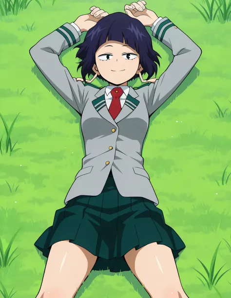 illujiro, short hair, bangs, long earlobes, purple hair, black hair, black eyes, u.a. school uniform, red necktie, jacket, pleated skirt, anime screencap, shiny skin, high quality, solo, lying, on back, arms up, legs apart, closed mouth, on grass, cowboy s...