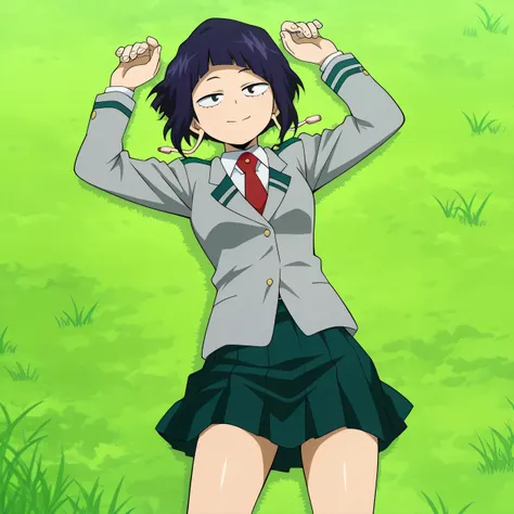 illujiro, short hair, bangs, long earlobes, purple hair, black hair, black eyes,
u.a. school uniform, red necktie, jacket, pleated skirt, anime screencap, shiny skin, high quality, solo, lying, on back, from above, arms up, legs apart, closed mouth, grass,...