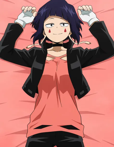 illujiro, short hair, bangs, long earlobes, purple hair, black hair, black eyes,
facial mark, black jacket, collarbone, choker, white gloves, fingerless gloves, pants, pink shirt, anime screencap, shiny skin, high quality, solo, lying, on back, from above,...