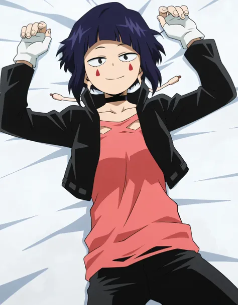 illujiro, short hair, bangs, long earlobes, purple hair, black hair, black eyes,
facial mark, black jacket, collarbone, choker, white gloves, fingerless gloves, pants, pink shirt, anime screencap, shiny skin, high quality, solo, lying, on back, from above,...