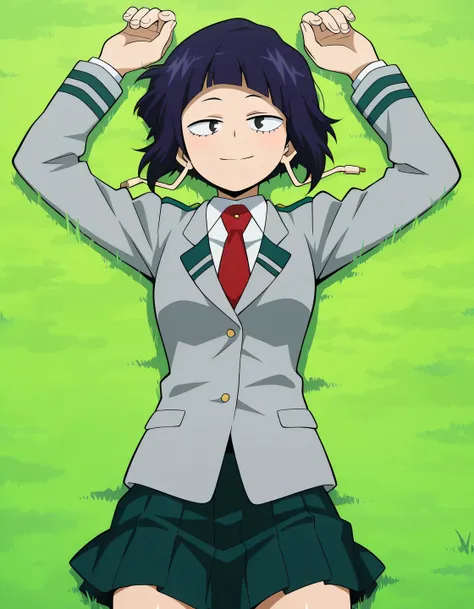 illujiro, short hair, bangs, long earlobes, purple hair, black hair, black eyes, u.a. school uniform, red necktie, jacket, pleated skirt, anime screencap, shiny skin, high quality, solo, lying, on back, arms up, legs apart, closed mouth, on grass, cowboy s...