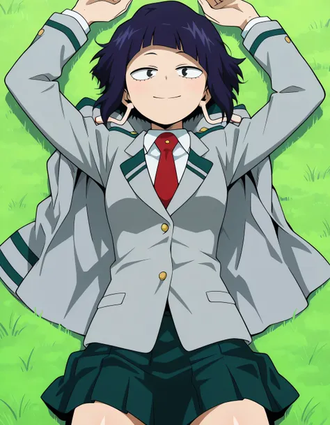 illujiro, short hair, bangs, long earlobes, purple hair, black hair, black eyes, u.a. school uniform, red necktie, jacket, pleated skirt, anime screencap, shiny skin, high quality, solo, lying, on back, arms up, legs apart, closed mouth, on grass, cowboy s...
