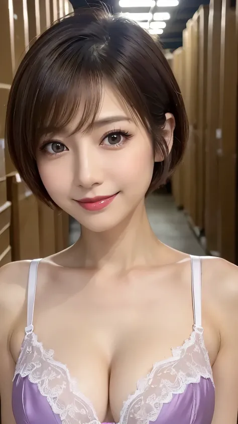 very detailed, masterpiece , Highest Quality, (( Realistic)) 、(( mature 40 year old Japanese woman)) 、beautiful detailed eyes 、((Makeup、Lipstick))、(()), ( Slim, skinny body:1.5)、((with light brown hair、short hair to syota、 pixie hair、Cecil Cut )), Eleg...