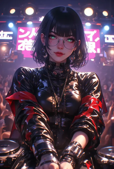 realistic, (1girl:1.5), dj girl on stage, masterpiece, full body view, nightclub, dj outfit, nightclub atmosphere, (nightclub stage backgroud:1.7), strict expression, perfect face, detailed face, short black hairs, detailed eyes, green eyes, glasses, hd, ...