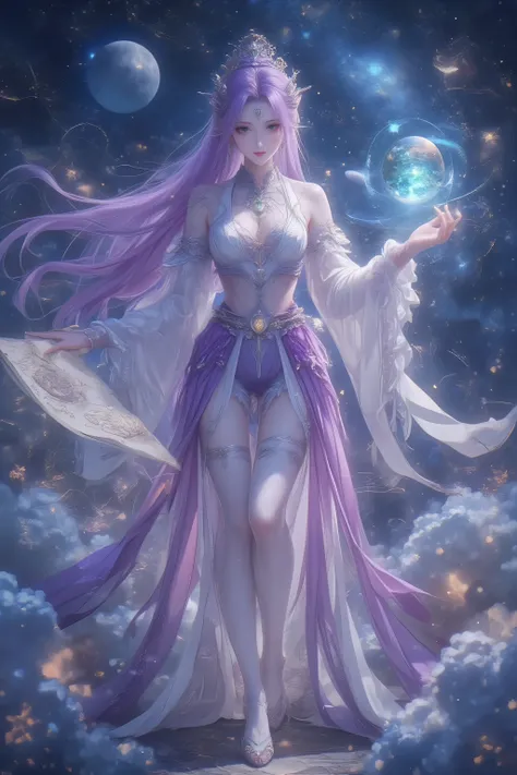 (2D + CG illustration + flat animation + Japanese anime style), solo chinese fairy, green eyes concentrated glitter like jade, long glowing purple hair loose with phoenix brooch and silver bell, thin white silk robe covered lightly in ivory skin, purple si...