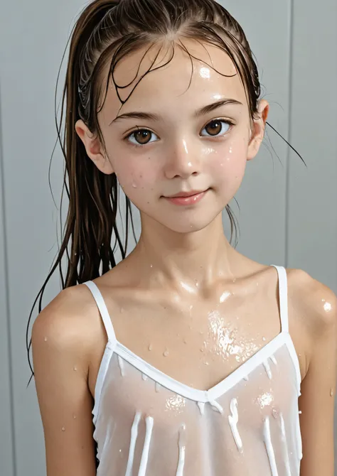 elementary school student、reality、cute、camisole、ponytail、wet eyes、(Gentle smile:0.5),skinny,from above