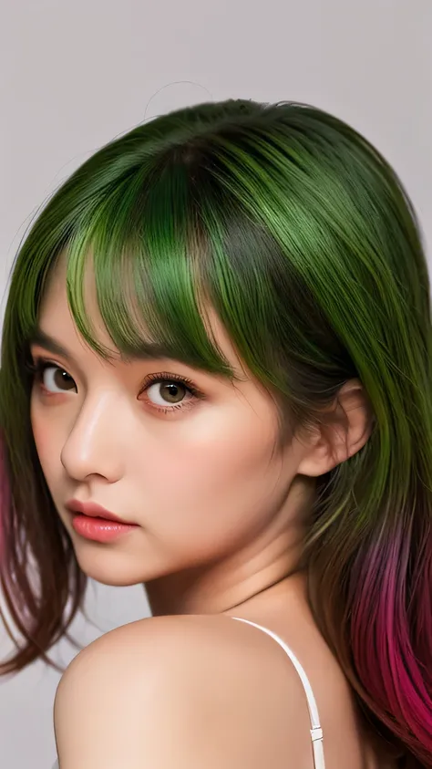 color hair,curly,tail,bob cut,pink,purple,green,(((8K, Raw photography, masterpiece, Top quality, realistic photo:1.4, Ultra detailed:1.5, Focus on the eyes))), ((beautifull detailed face, Natural skin)), 1girl, solo, full body shot, standing, direct gaze,...