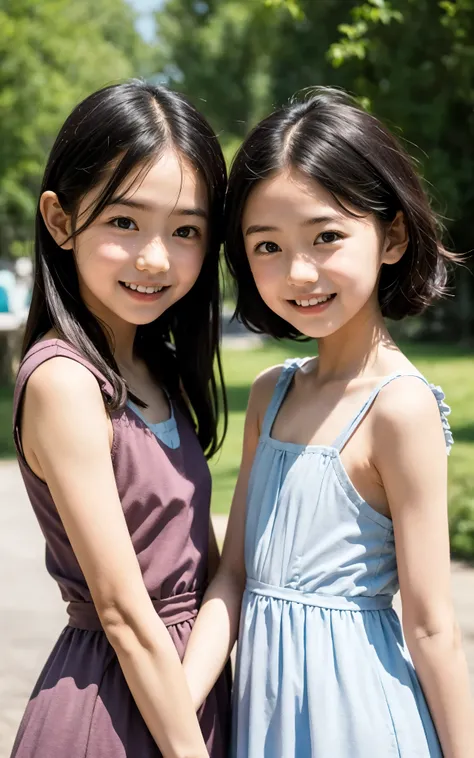 8 years old,2 cute girls,((Highest Quality)),park where the nipples are almost visible,((Photo Quality)),(Slim:1.5),(detail),Tiny Chest,narrow shoulder width,perfect face,Tank Dress ,ruffle dress,(skinny:1.3),(smile:0.5)