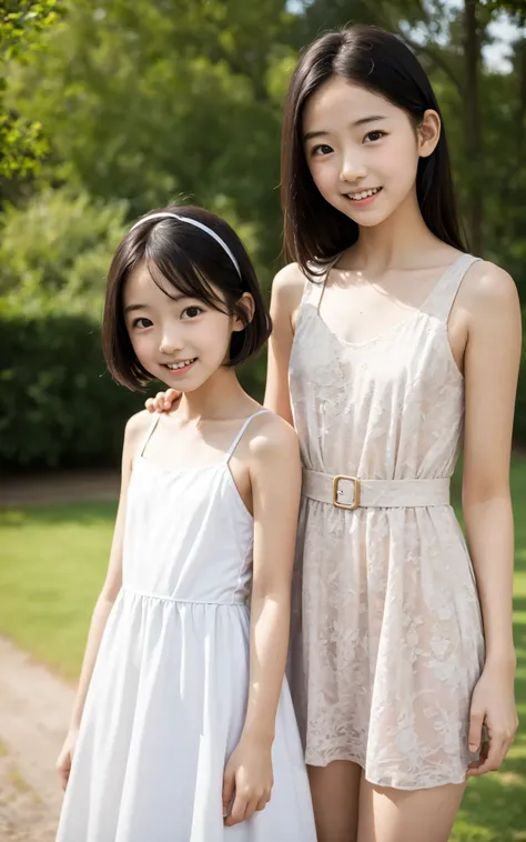 8 years old,2 cute girls,((Highest Quality)),park where the nipples are almost visible,((Photo Quality)),(Slim:1.5),(detail),Tiny Chest,narrow shoulder width,perfect face,Tank Dress ,ruffle dress,(skinny:1.3),(smile:0.5)