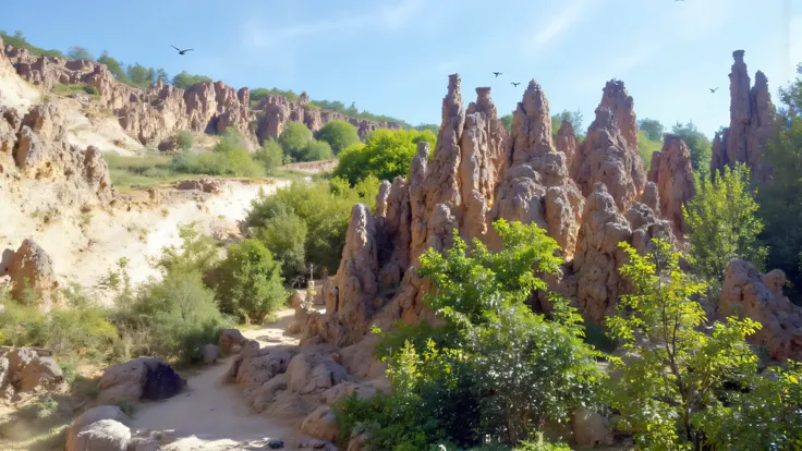 8K professional DSLR photograph capturing Serbia's natural wonder Đavolja Varoš (Devil's Town), showcasing remarkable geological formation of tall earth pillars with distinctive stone caps balanced precariously atop each column, vibrant earthy color of tow...