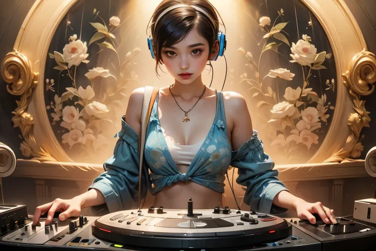 410 (a DJ),((18 year old woman)),(short hair),(shortcut),(Neat hair),(super high image quality with rice bowl),2025.10.11, ((Luxurious Dancehall)), ((DJ)), ((head phone))