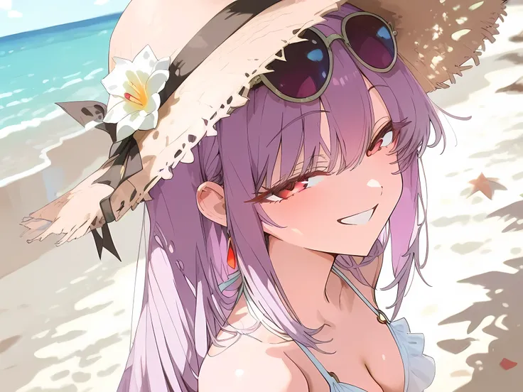 Cute teenage Anime girl with long straight, Soft grow light-purple hair color, grow red eyes color with white sparking, Wearing white beach bikini swimsuit, sunglasses accessory on forehead and straw hat, calm and calm face, smile face, half-body scale pic...