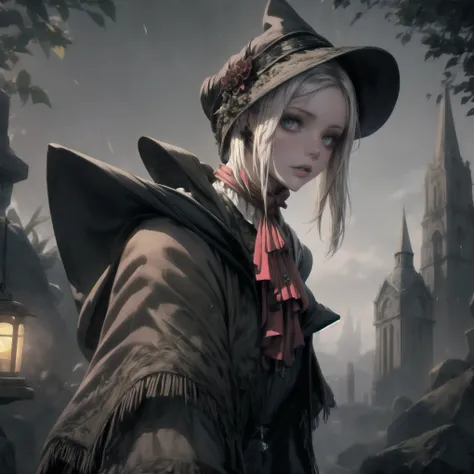 plaindoll, white hair, doll joints, bonnet, brown cloak, long dress, red ascot, 1 girl, solo, anatomically accurate ratio, the girl looks directly at the viewer, the girl is very beautiful, the girl has an incredibly beautiful face, angelic beauty face, th...