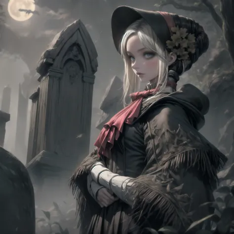 plaindoll, white hair, doll joints, bonnet, brown cloak, long dress, red ascot, 1 girl, solo, anatomically accurate ratio, the girl looks directly at the viewer, the girl is very beautiful, the girl has an incredibly beautiful face, angelic beauty face, th...