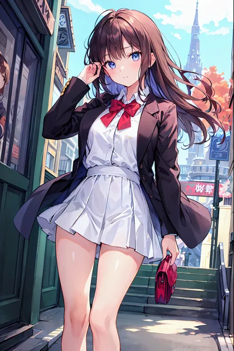 Final Battle for the Girl Wrapped in Bandages、Bandages on both legs、The red bandage shines and drifts through the air、Blazer Girl in Uniform、Hair Fluttering in the Wind with a Bandage、Closing Enemy Robot Army、The City Shrouded in Despair、一peopleで粘り強く守り抜く少女...