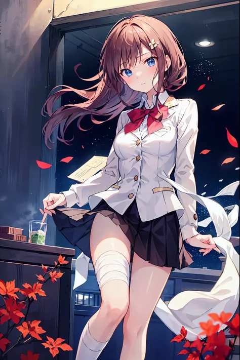 Final Battle for the Girl Wrapped in Bandages、Bandages on both legs、The red bandage shines and drifts through the air、Blazer Girl in Uniform、Hair Fluttering in the Wind with a Bandage、Closing Enemy Robot Army、The City Shrouded in Despair、一peopleで粘り強く守り抜く少女...