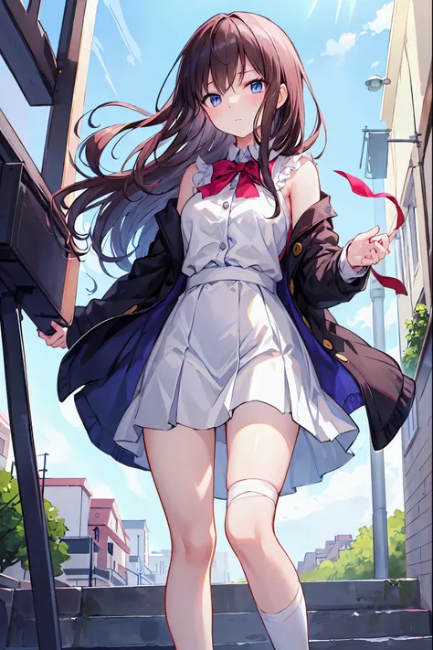 Final Battle for the Girl Wrapped in Bandages、Bandages on both legs、The red bandage shines and drifts through the air、Blazer Girl in Uniform、Hair Fluttering in the Wind with a Bandage、Closing Enemy Robot Army、The City Shrouded in Despair、一peopleで粘り強く守り抜く少女...