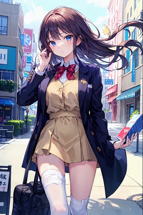 Final Battle for the Girl Wrapped in Bandages、Bandages on both legs、The red bandage shines and drifts through the air、Blazer Girl in Uniform、Hair Fluttering in the Wind with a Bandage、Closing Enemy Robot Army、The City Shrouded in Despair、一peopleで粘り強く守り抜く少女...