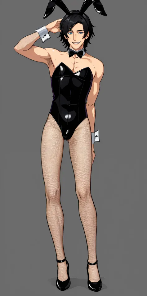 You have black hair、a 20-year-old skinny Japanese boy , erotic bunny costume、 focusing on men, blue eyes, has a pretty face 、full of personality、Do it with black Playboy bunny ears on your head . He has thin legs and buttocks、 well-trained . wrist ...