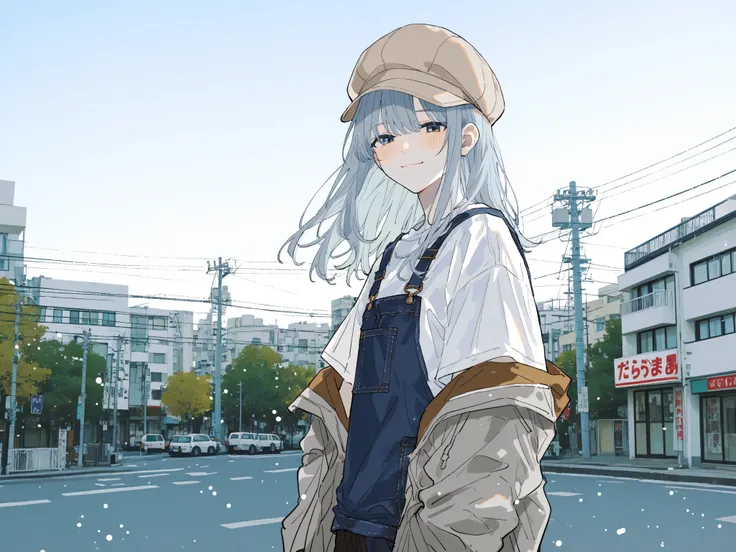 A cheerful Japanese woman wearing a beige cap walks along a modern Japanese city street on a clear early autumn morning, surrounded by the fresh glow of a pale blue sunrise.
Captured in a Makoto Shinkai-style anime illustration, her upper body is large in ...