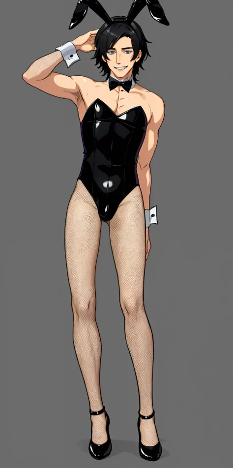 You have black hair、a 20-year-old skinny Japanese boy , erotic bunny costume、 focusing on men, blue eyes,   has a pretty face 、full of personality、Do it with black Playboy bunny ears on your head .    He has thin legs and buttocks、 well-trained  .   wrist ...