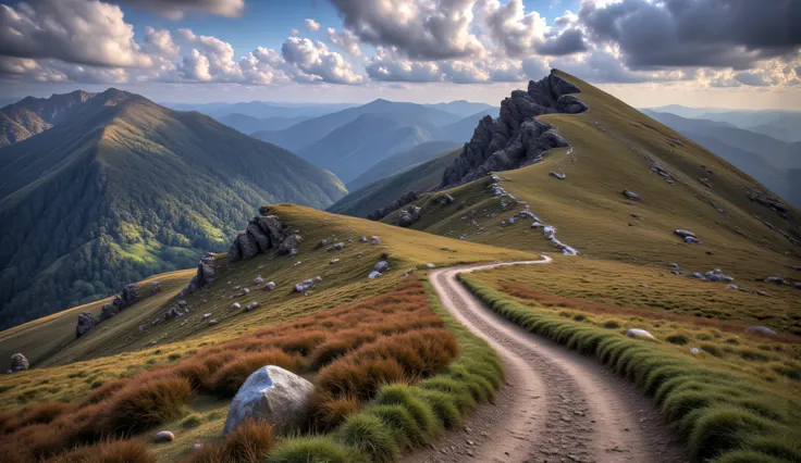 A mountain path to Midžor peak on Stara Planina, surrounded by thick green meadows with moss-like texture, soft wind rippling through layers of alpine grass, patches of white clouds hugging the hills, warm sunlight filtering through haze, dirt trail gliste...