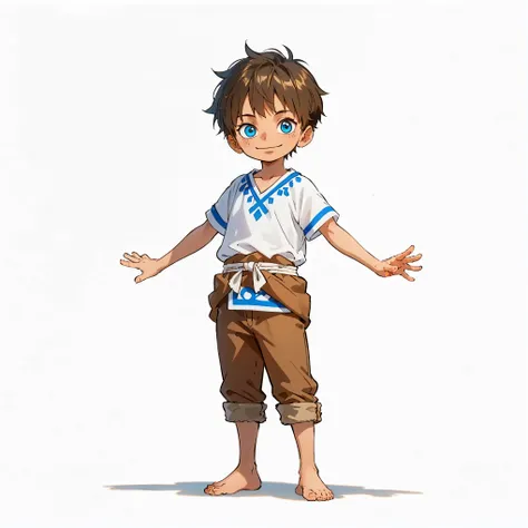 (male), (little boy), (slim body), (dark skin), (blue eyes), (brown short messy hair), (innocent face), (happy smile), (natural child pose), (solo), (single character), (full body version), (white background), (no background), (highly detailed), (shadow), ...