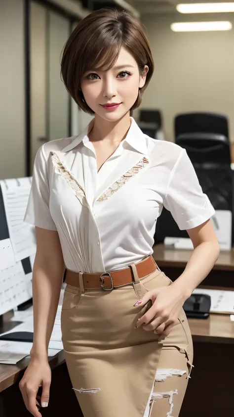 very detailed, masterpiece , Highest Quality, (( Realistic)) 、(( mature 40 year old Japanese woman)) 、beautiful detailed eyes 、((Makeup、Lipstick))、(()), ( Slim, skinny body:1.5)、((with light brown hair、short hair、 pixie hair、Cecil Cut )), Elegant and s...