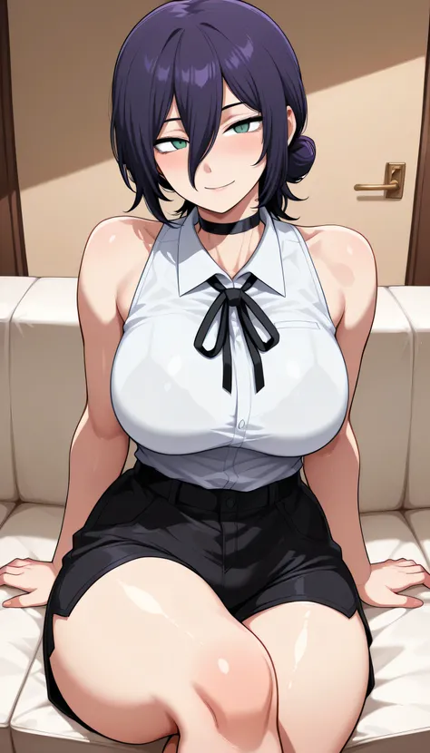 1 girl, reze \(chainsaw man\), black choker, purple hair, choker, eyebrows hidden by hair, green eyes, hair between eyes, long bangs, medium hair, curvy body, big breasts, bare shoulders, black ribbon, black shorts, collar, collared shirt, neck ribbon, rib...