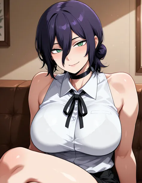 1 girl, reze \(chainsaw man\), black choker, purple hair, choker, eyebrows hidden by hair, green eyes, hair between eyes, long bangs, medium hair, curvy body, big breasts, bare shoulders, black ribbon, black shorts, collar, collared shirt, neck ribbon, rib...
