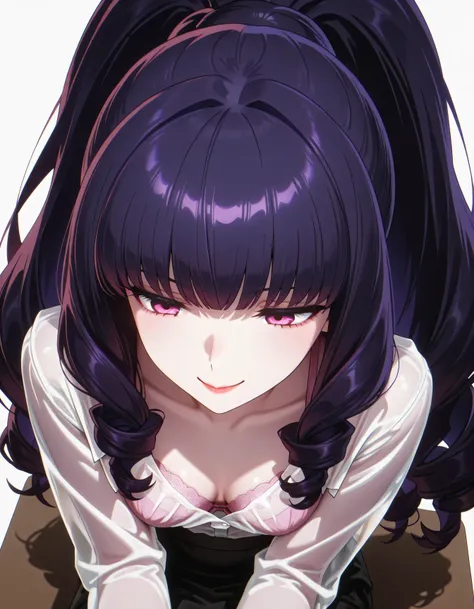 masterpiece, Highest Quality, Shadow Details, Shadows looking down at an angle, shiny details that create sweets, luminous quality, detailed illustration,   bright contrast with pink eyes and a prominent smile, thick outline, Anime 2D Style, Super Detailed...