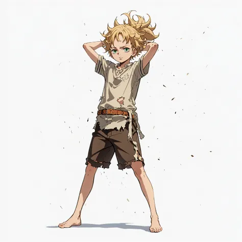 (male), (child boy), (slim body), (blonde hair), (long messy hairstyle), (green eyes), (solo), (single character), (full body version), (white background), (no background), (highly detailed), (shadow), (standing pose), (natural light), (detailed outfit), (...