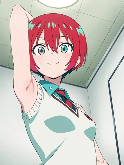 masterpiece, best quality, amazing quality, anime screencap, anime coloring, 1girl, solo, amate yuzuriha, short hair, red hair, aqua eyes, multicolored eyes, small breasts, aqua shirt, striped necktie, white sweater,aqua skirt, sleeveless, bare shoulders, ...