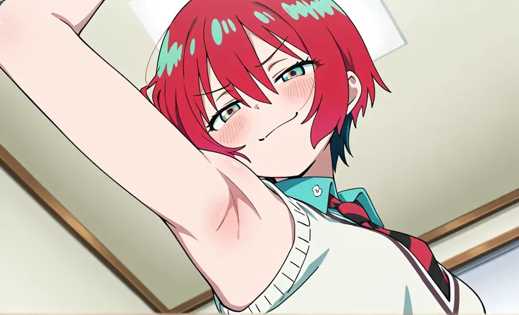 masterpiece, best quality, amazing quality, anime screencap, anime coloring, 1girl, solo, amate yuzuriha, short hair, red hair, aqua eyes, multicolored eyes, small breasts, aqua shirt, white sweater, striped necktie, sleeveless, bare shoulders, bare arms, ...