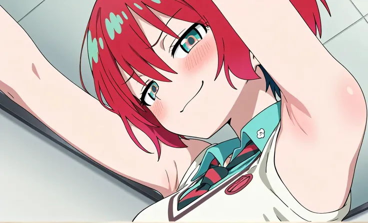masterpiece, best quality, amazing quality, anime screencap, anime coloring, 1girl, solo, amate yuzuriha, short hair, red hair, aqua eyes, multicolored eyes, small breasts, aqua shirt, white sweater, striped necktie, sleeveless, bare shoulders, bare arms, ...