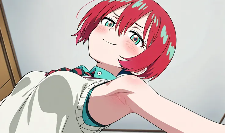 masterpiece, best quality, amazing quality, anime screencap, anime coloring, 1girl, solo, amate yuzuriha, short hair, red hair, aqua eyes, multicolored eyes, small breasts, aqua shirt, white sweater, striped necktie, tucked in necktie, sleeveless, bare sho...