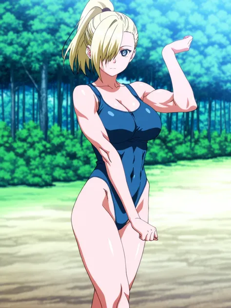 傑作、best quality、best resolution、best image quality、amazing quality、 very aesthetic、 absurdres、anime coloring、anime screencap、anime screenshot、1girl、<lora:InoYamanakaGeninNoobXL_byKonan:1>、ino yamanaka、anime girl is wearing a blue leotard、13 years old、blond...