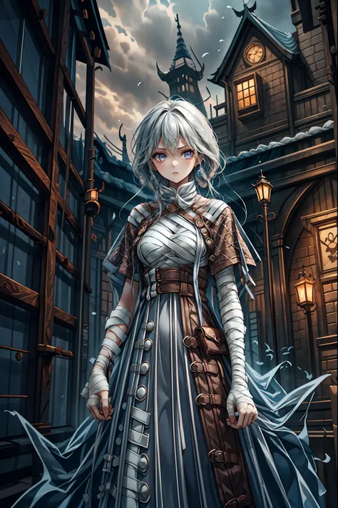 (((Bandage girl)))、Beautiful girl,Halloweenの夜,怪物に取り囲まれたCity, A girl being controlled by a monster , Transforming into a monster , A city filled with skyscrapers ,Cityの夜景
少女の傷付いた姿, A girl's expression is gloomy and gloomy ,frightened posture, A girl hiding...